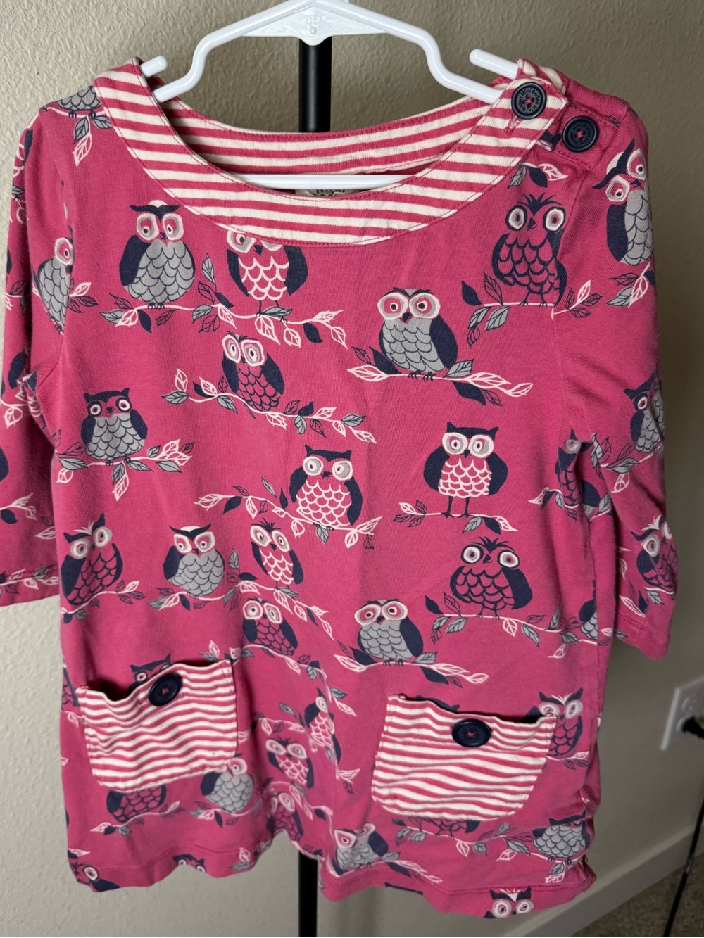 Mini Boden Pink Owl Print Dress with Striped Pockets